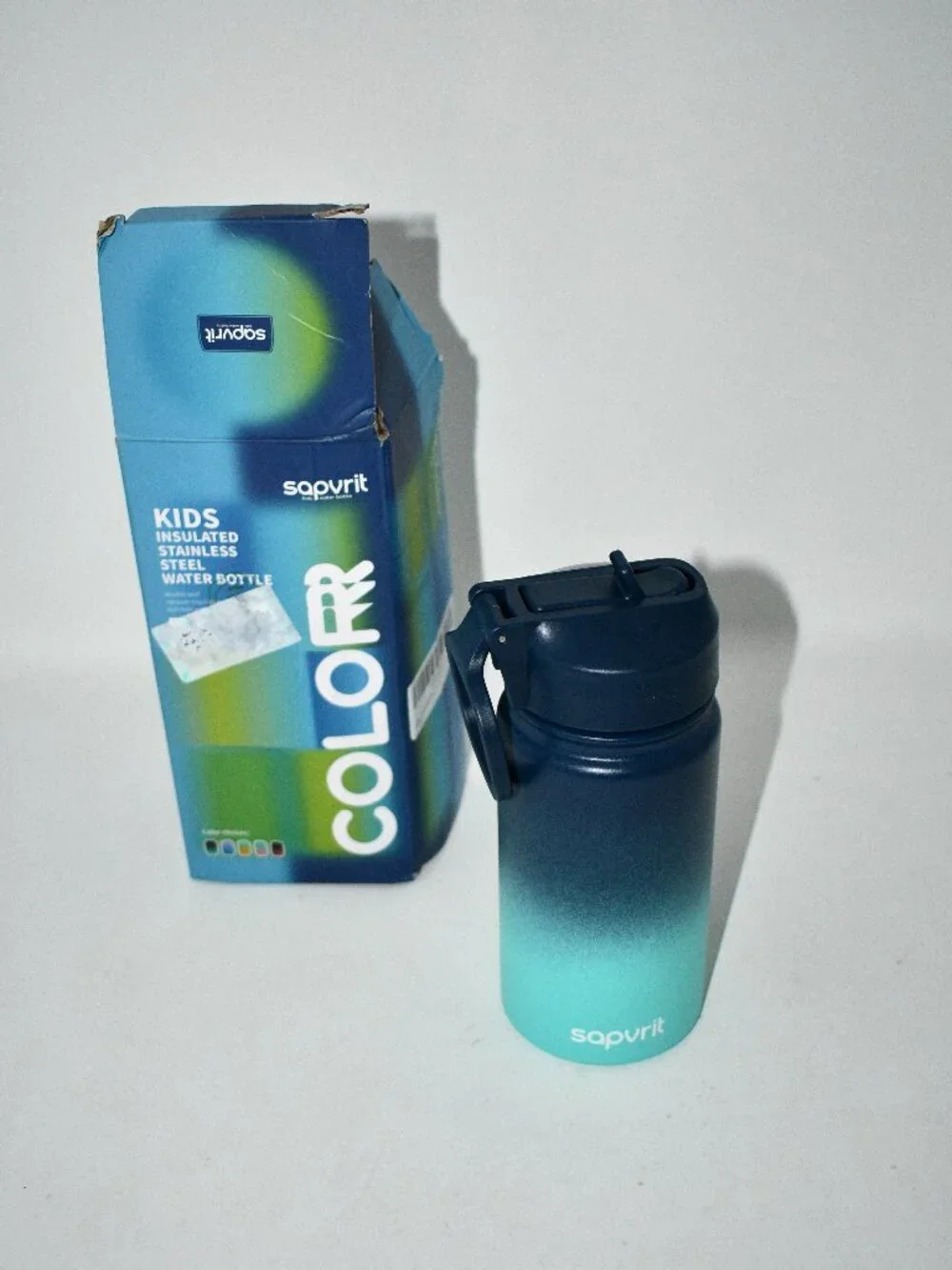 SAPVRIT 12 oz Kids Stainless Steel Insulated Water Bottle w/ Straw Blue/ Green,